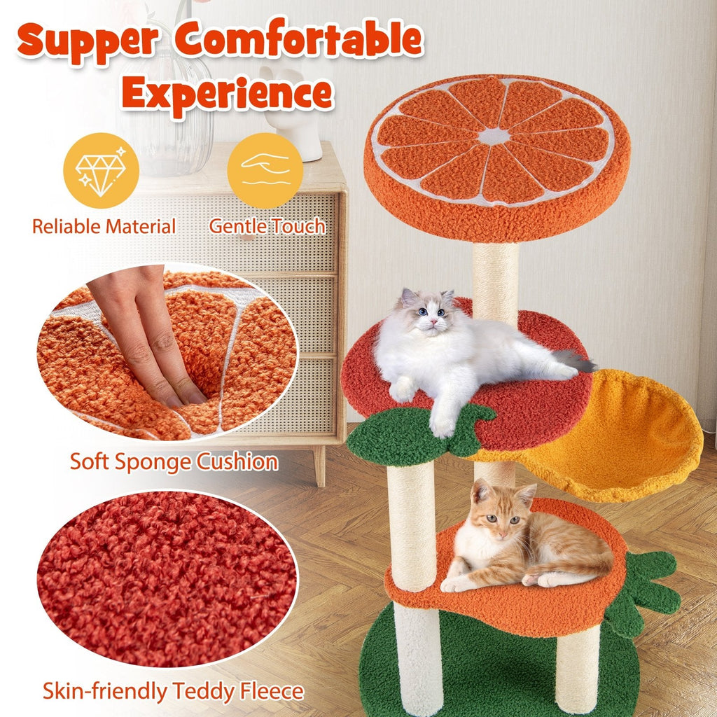39 Inch Fruit Cat Tree with an Orange Top Perch and a Rotating Hammock