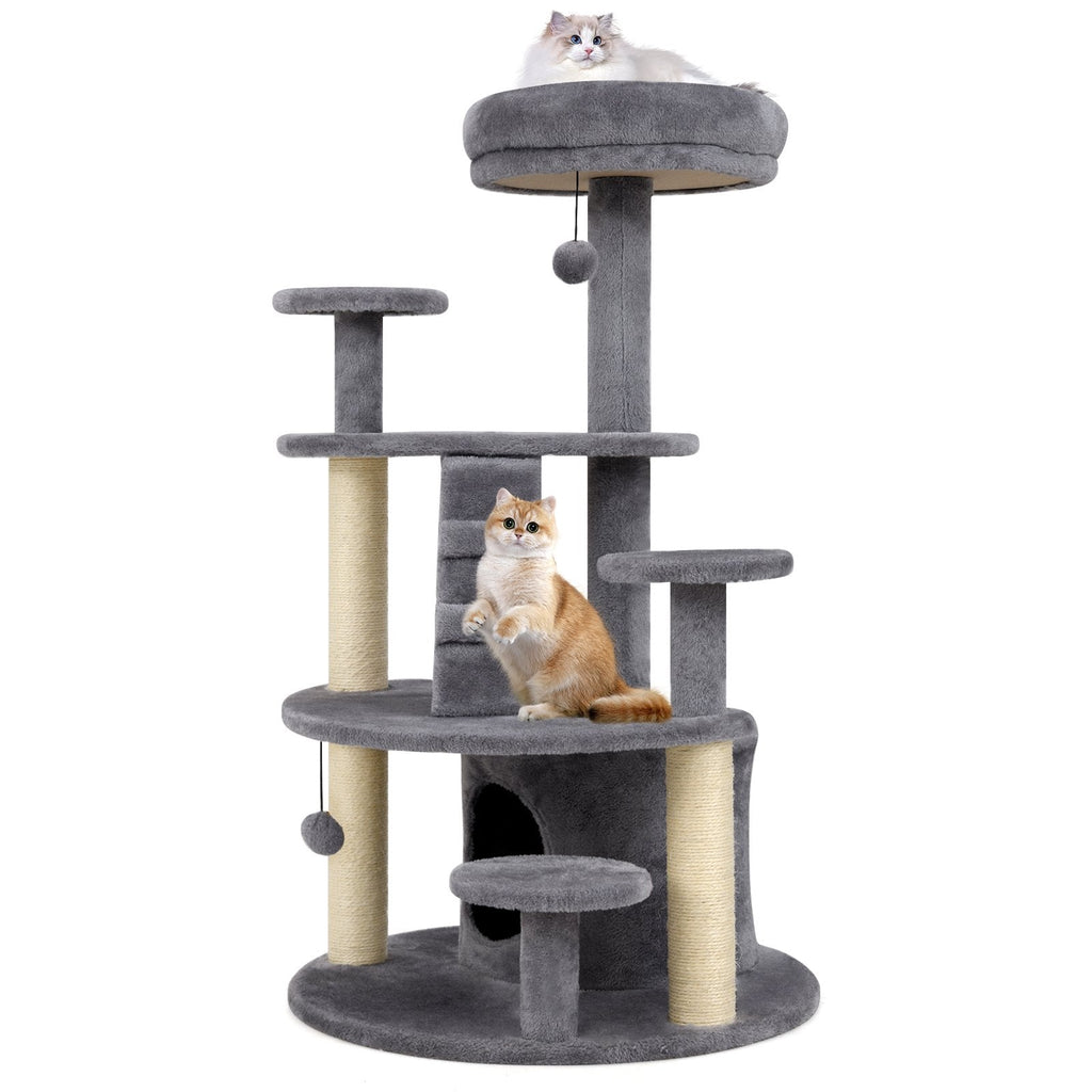 40 Inch Grey Cat Tower with a Climbing Ladder and a Curved Bridge