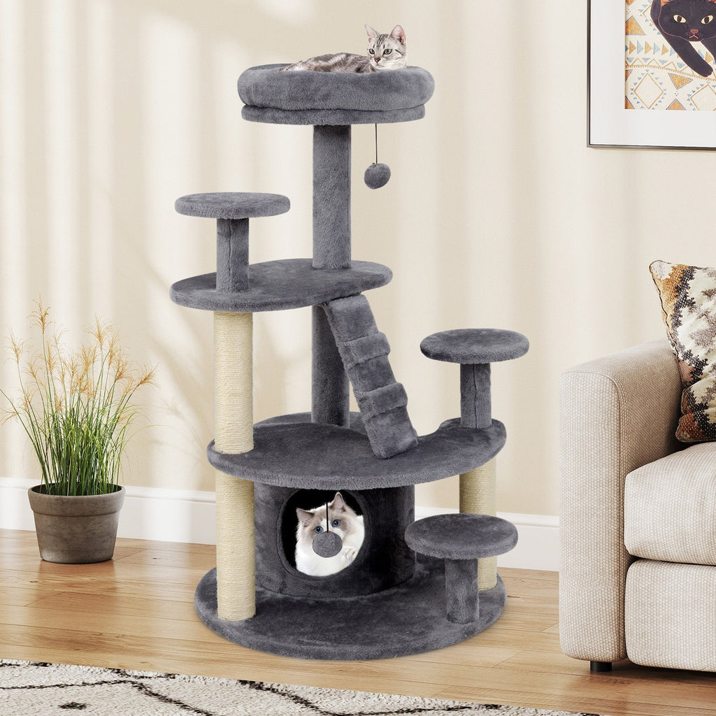 40 Inch Grey Cat Tower with a Climbing Ladder and a Curved Bridge