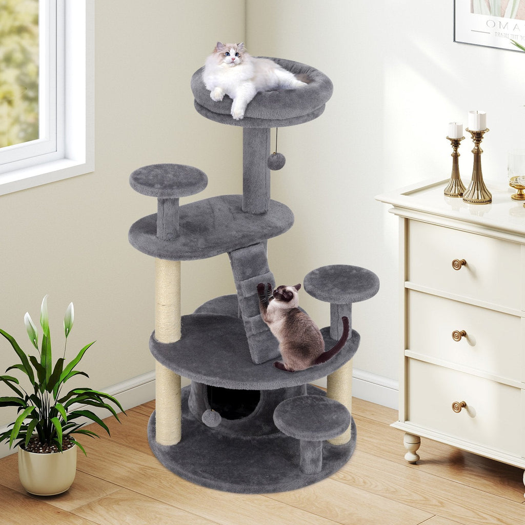 40 Inch Grey Cat Tower with a Climbing Ladder and a Curved Bridge