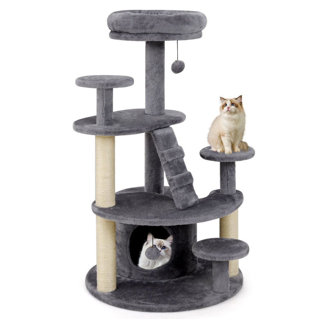 40 Inch Grey Cat Tower with a Climbing Ladder and a Curved Bridge