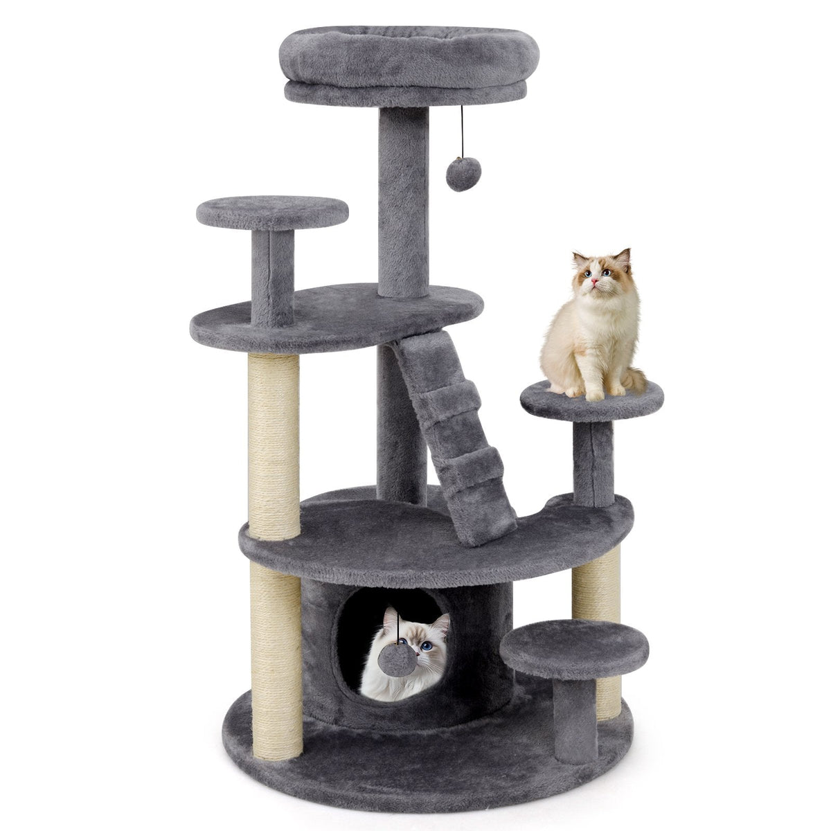 40 Inch Grey Cat Tower with a Climbing Ladder and a Curved Bridge