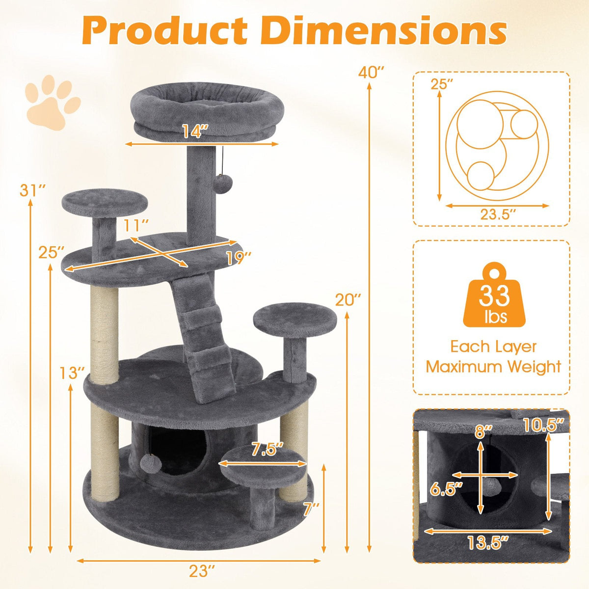 40 Inch Grey Cat Tower with a Climbing Ladder and a Curved Bridge