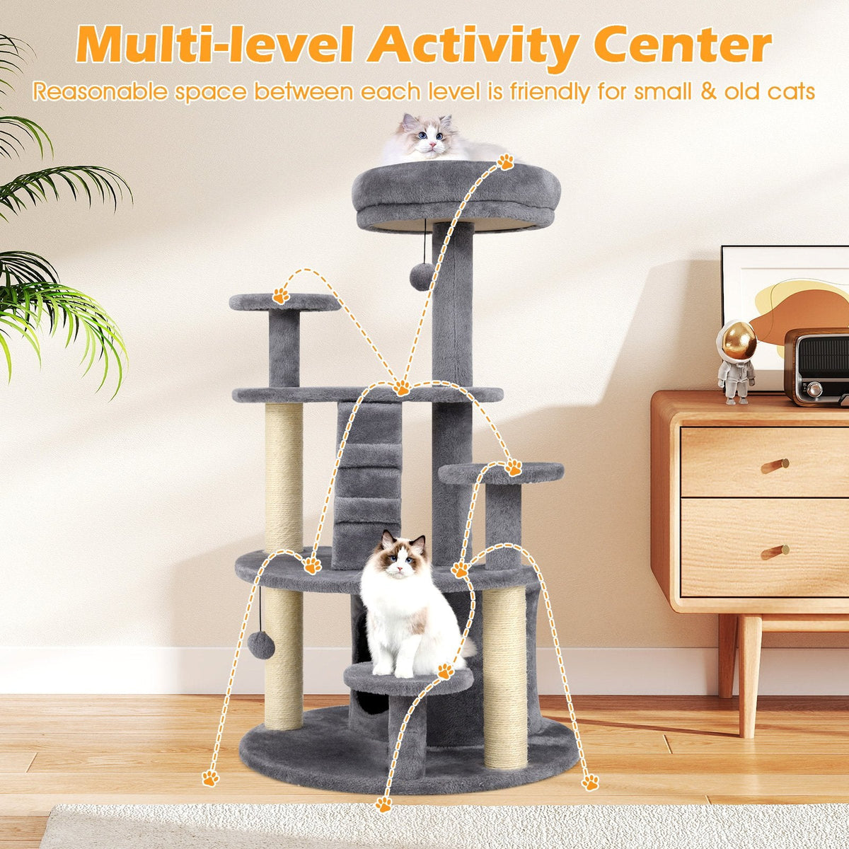 40 Inch Grey Cat Tower with a Climbing Ladder and a Curved Bridge