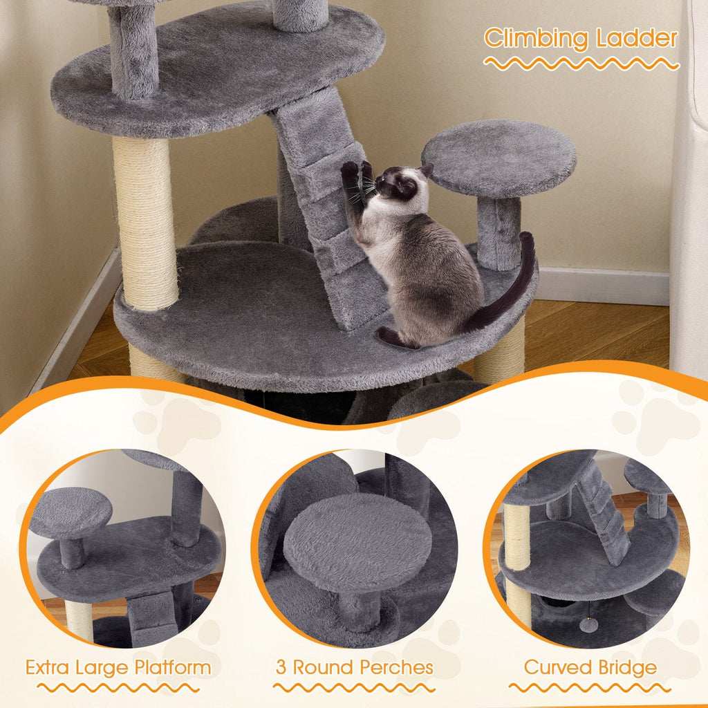 40 Inch Grey Cat Tower with a Climbing Ladder and a Curved Bridge