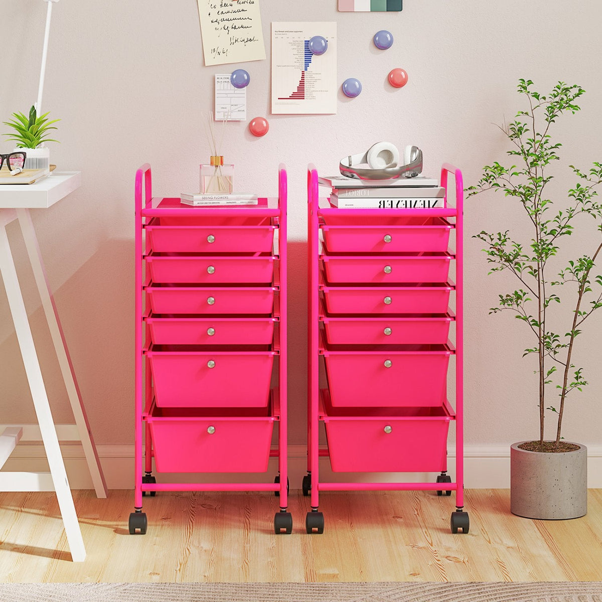 Multifunctional 6 Drawers Rolling Storage Cart Organizer-Rose Red