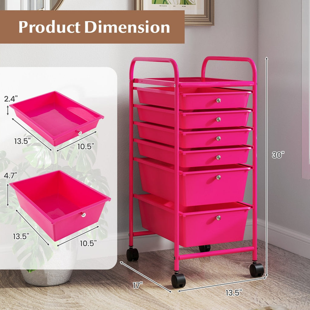 Multifunctional 6 Drawers Rolling Storage Cart Organizer-Rose Red