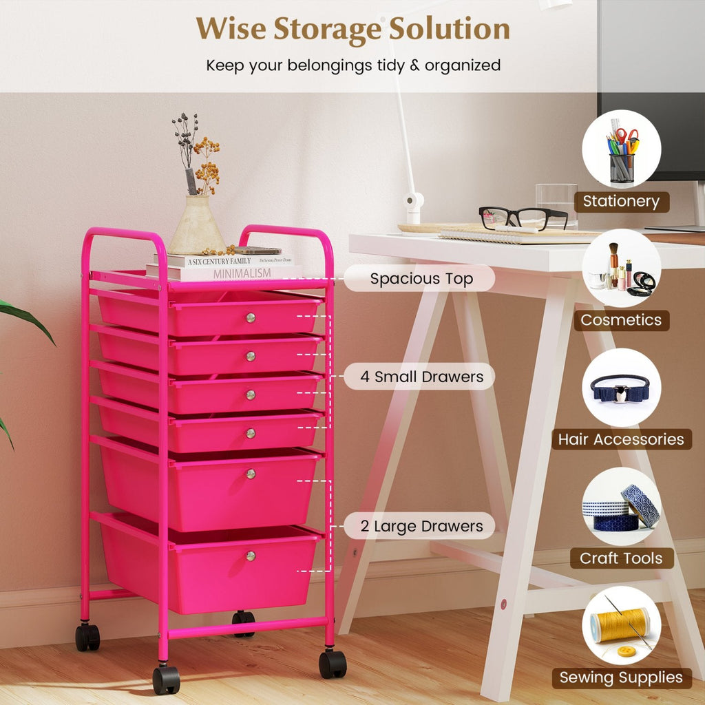 Multifunctional 6 Drawers Rolling Storage Cart Organizer-Rose Red