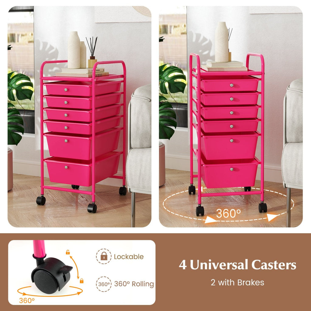 Multifunctional 6 Drawers Rolling Storage Cart Organizer-Rose Red