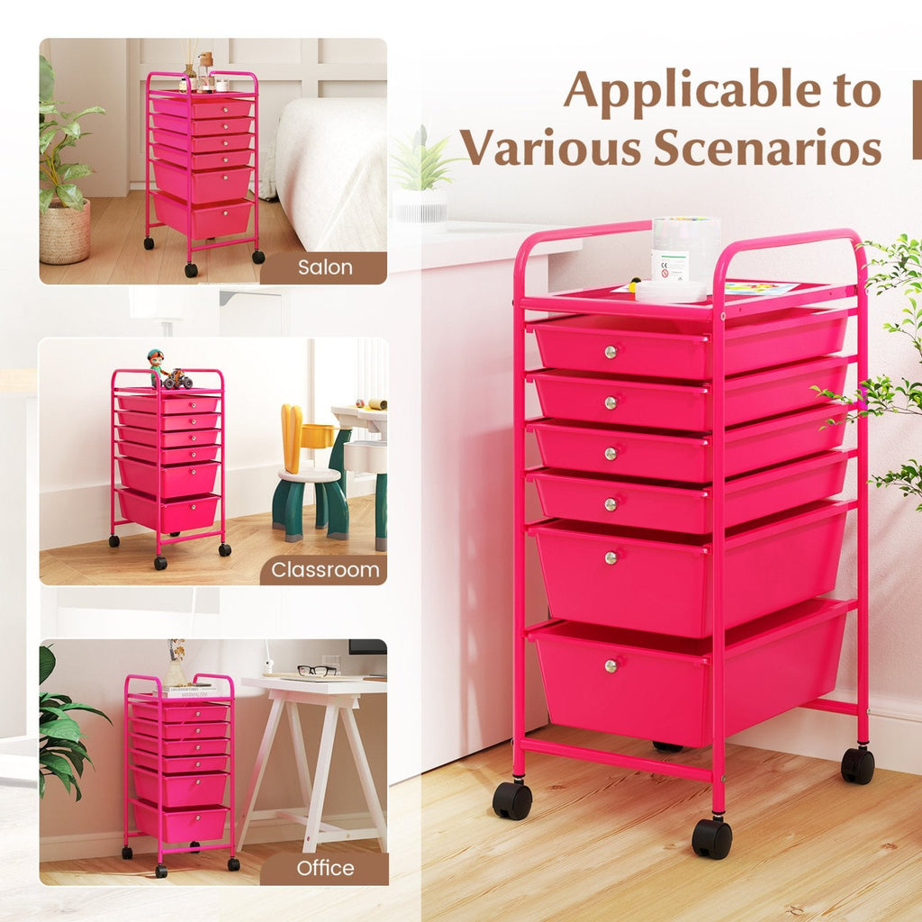 Multifunctional 6 Drawers Rolling Storage Cart Organizer-Rose Red