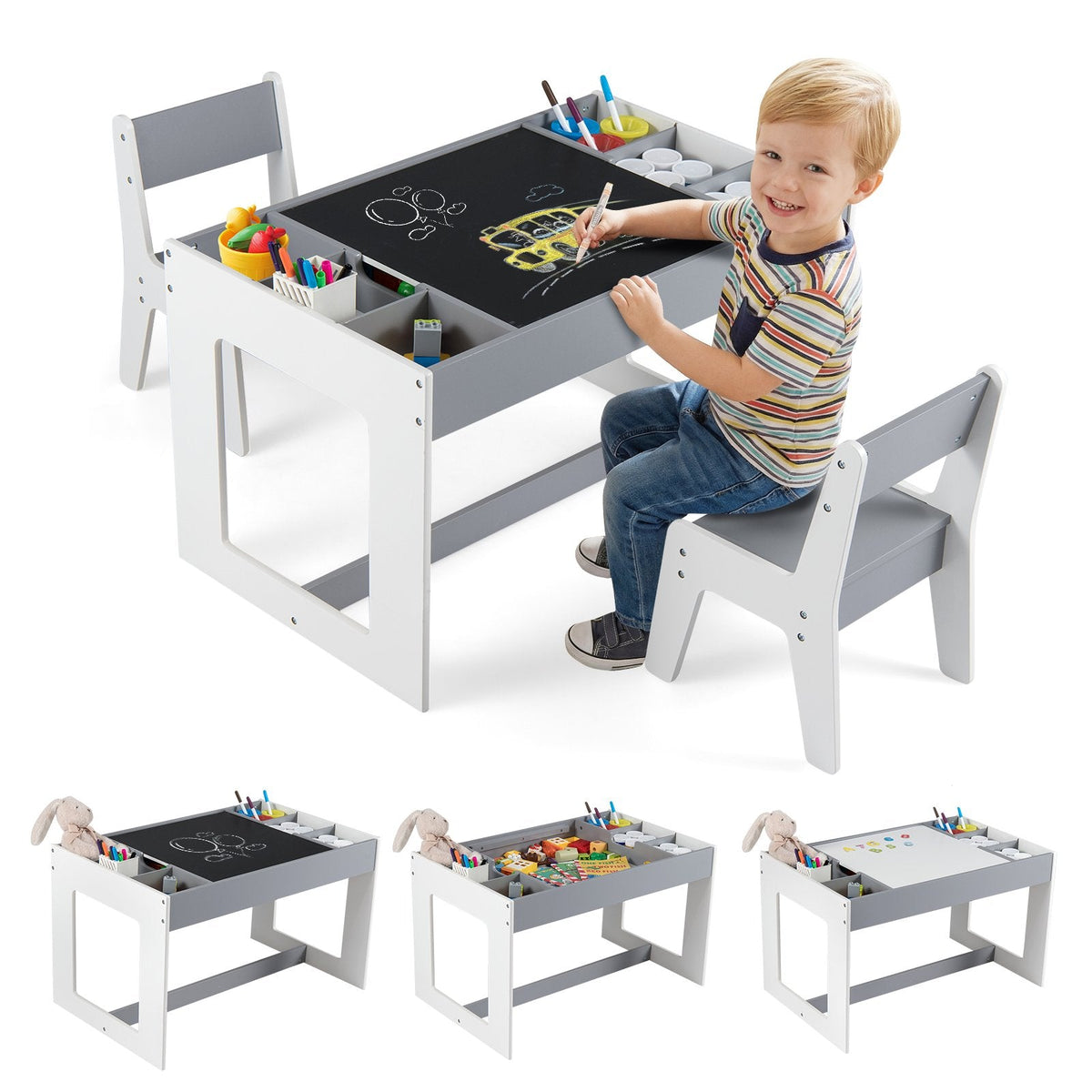 Multifunctional Kids Table and 2 Chairs Set with Chalkboard-Gray