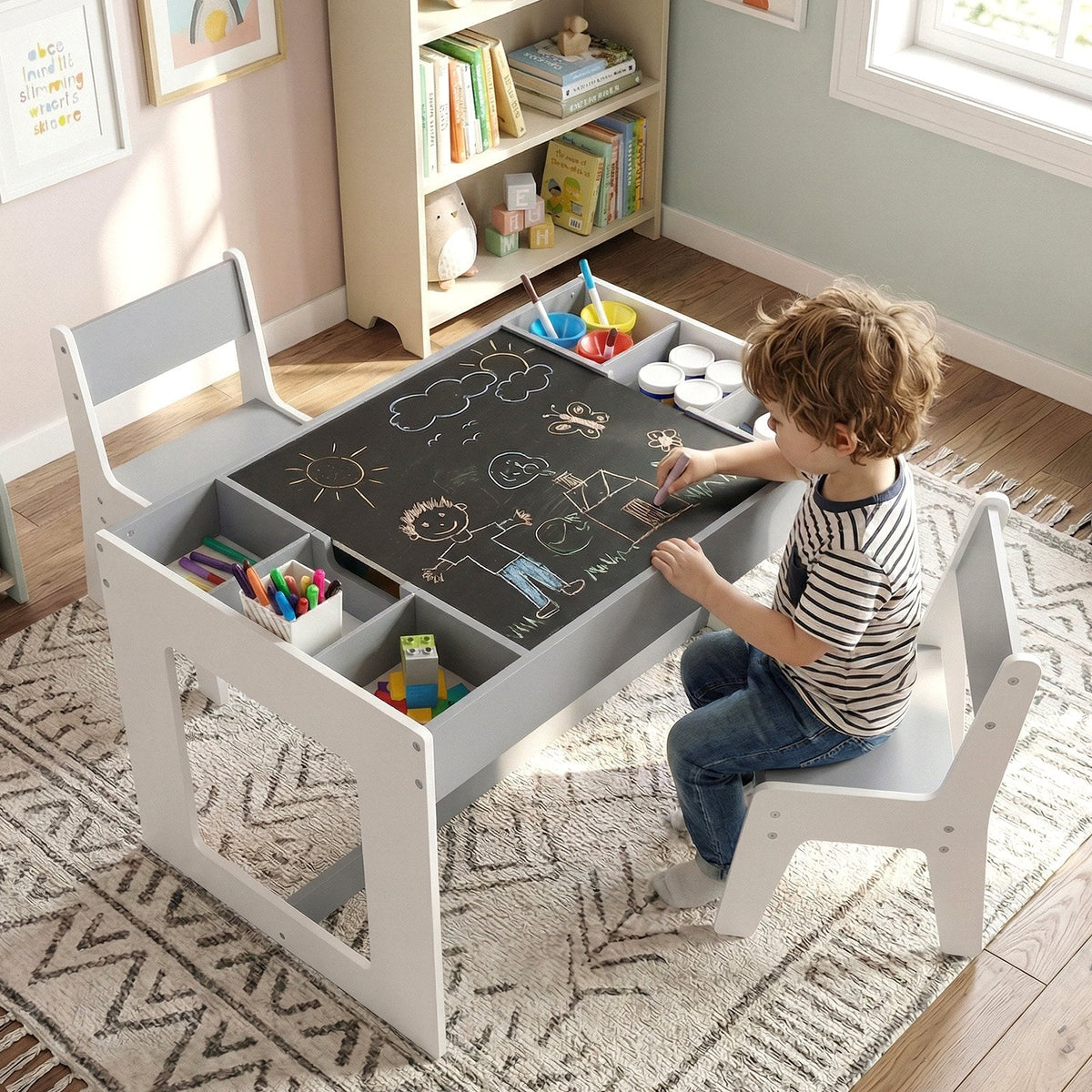 Multifunctional Kids Table and 2 Chairs Set with Chalkboard-Gray