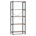 Industrial 5 Shelf Open Bookcase, Rustic Brown Wood with Black Metal Frame