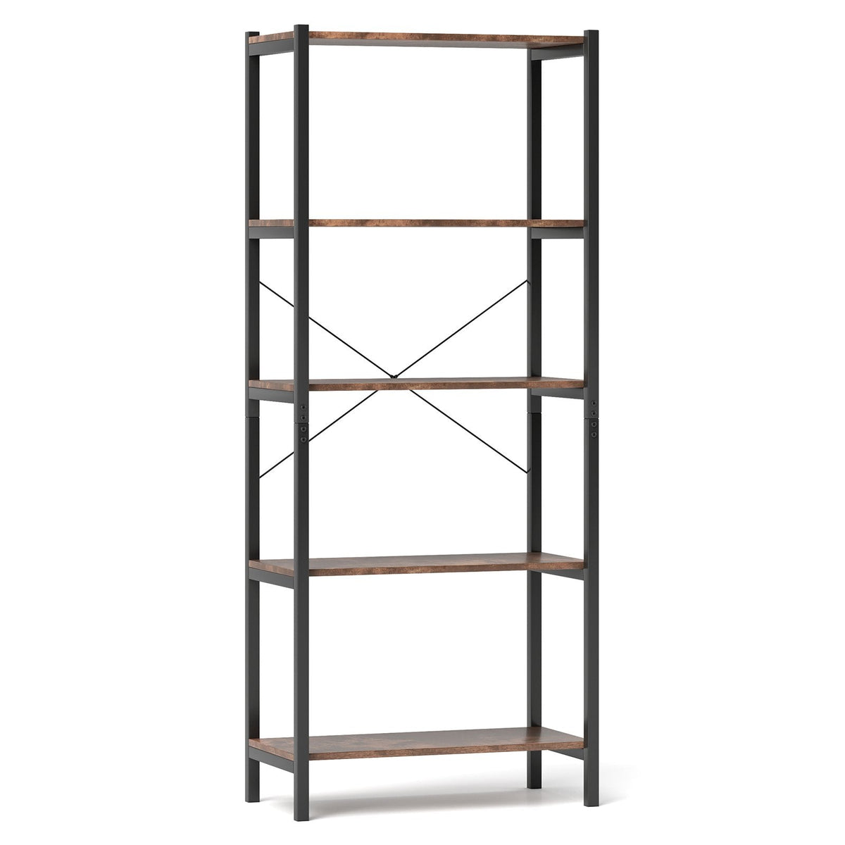 Industrial 5 Shelf Open Bookcase, Rustic Brown Wood with Black Metal Frame