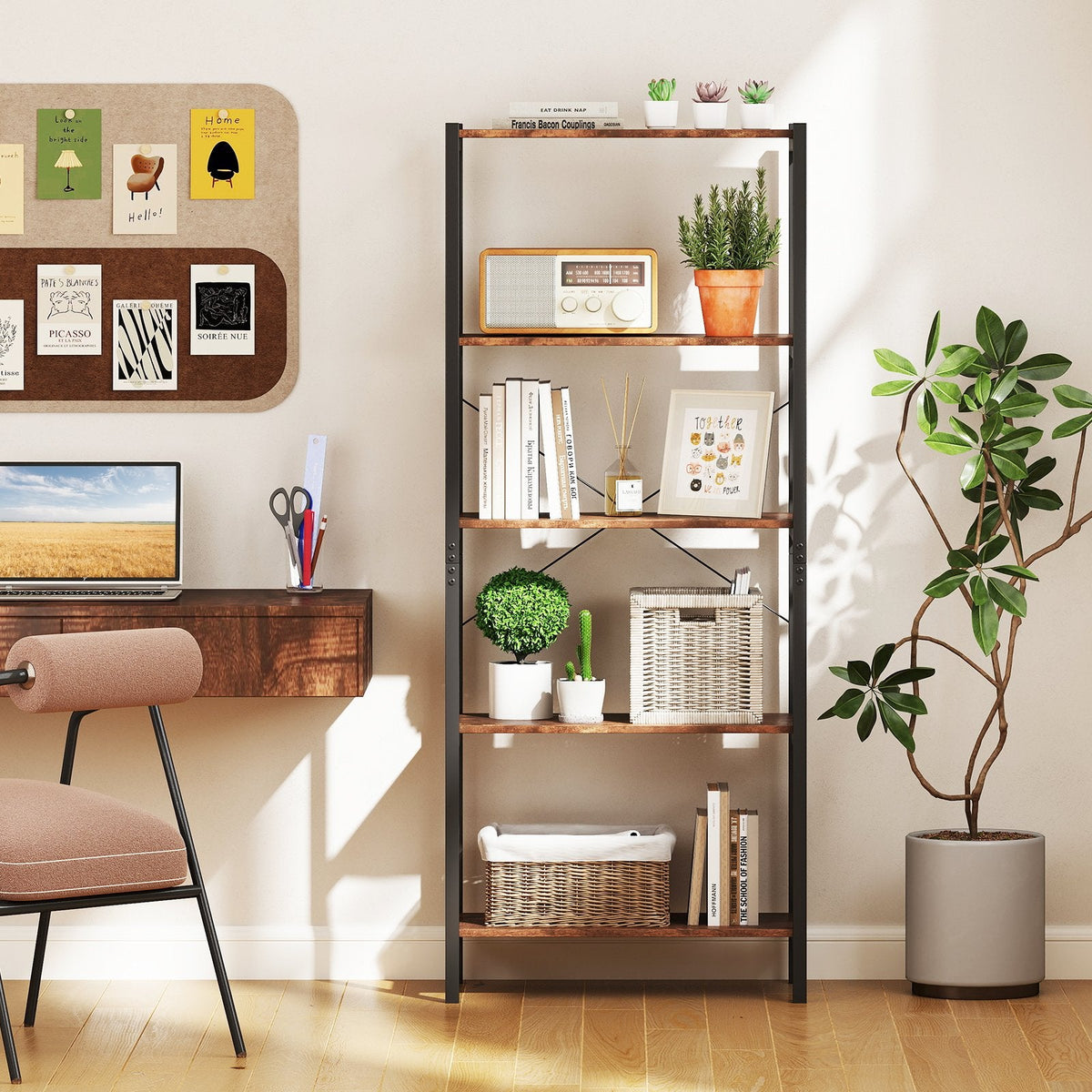 Industrial 5 Shelf Open Bookcase, Rustic Brown Wood with Black Metal Frame