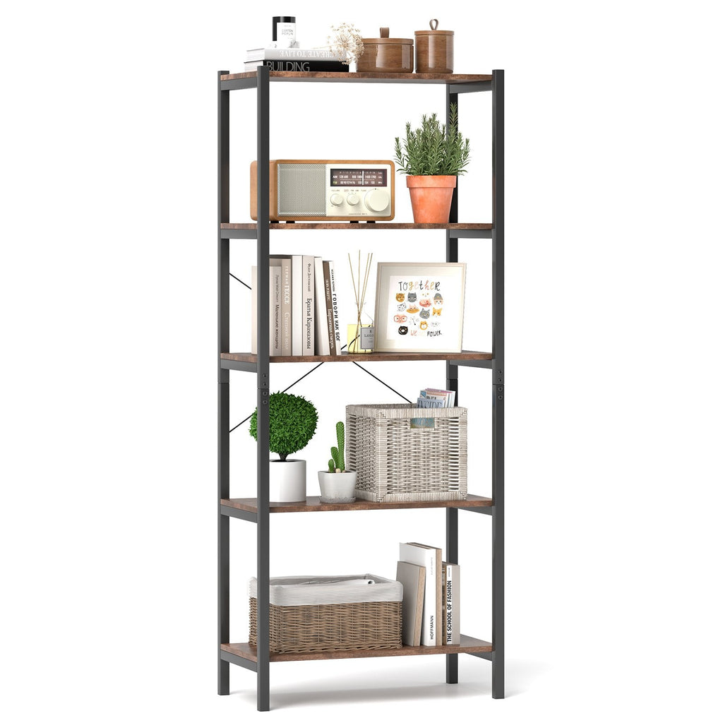 Industrial 5 Shelf Open Bookcase, Rustic Brown Wood with Black Metal Frame