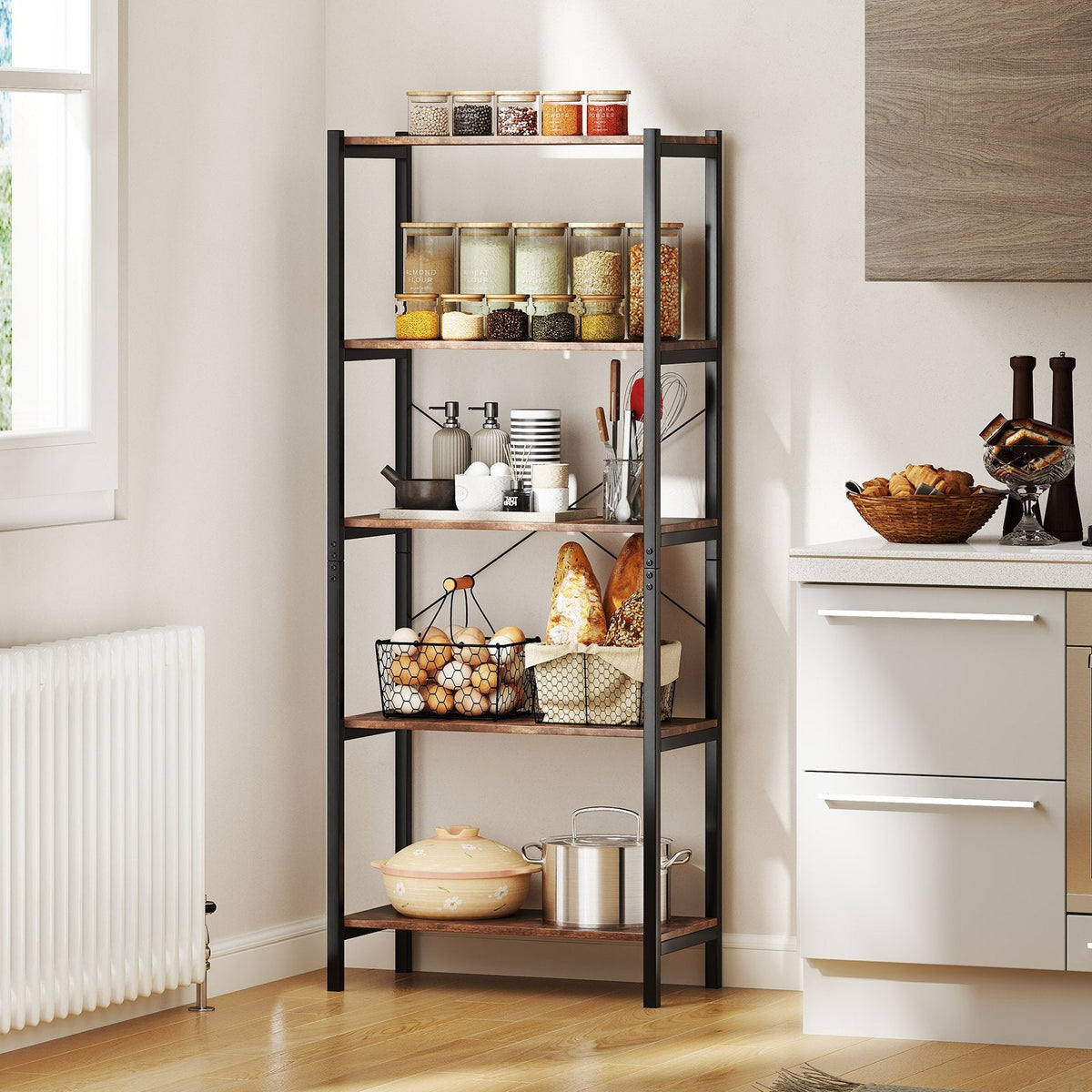 Industrial 5 Shelf Open Bookcase, Rustic Brown Wood with Black Metal Frame