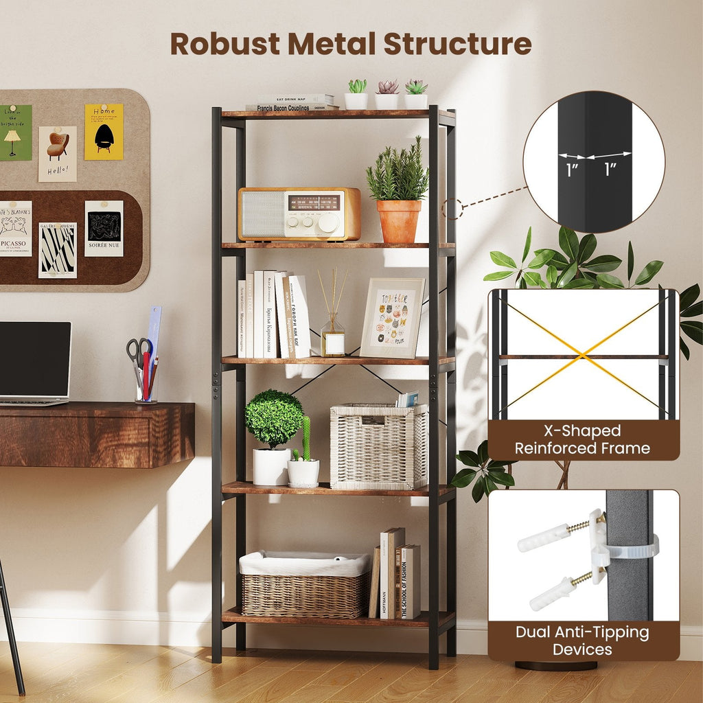 Industrial 5 Shelf Open Bookcase, Rustic Brown Wood with Black Metal Frame