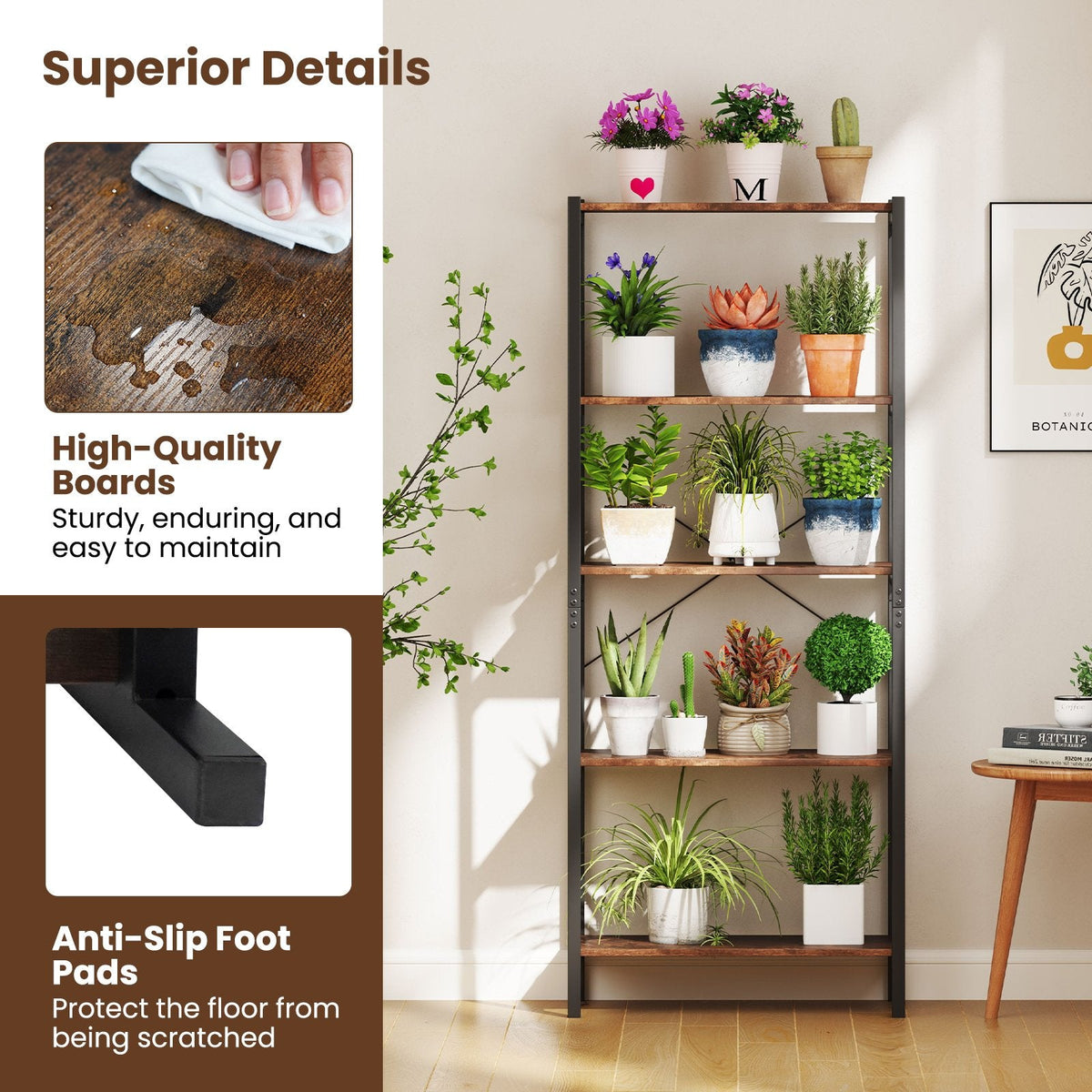 Industrial 5 Shelf Open Bookcase, Rustic Brown Wood with Black Metal Frame