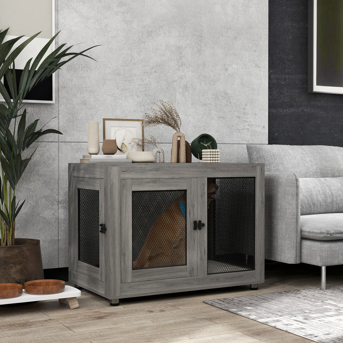 Pet Crate End Table with Water-resistant Cushion or Large Medium Dogs, Black
