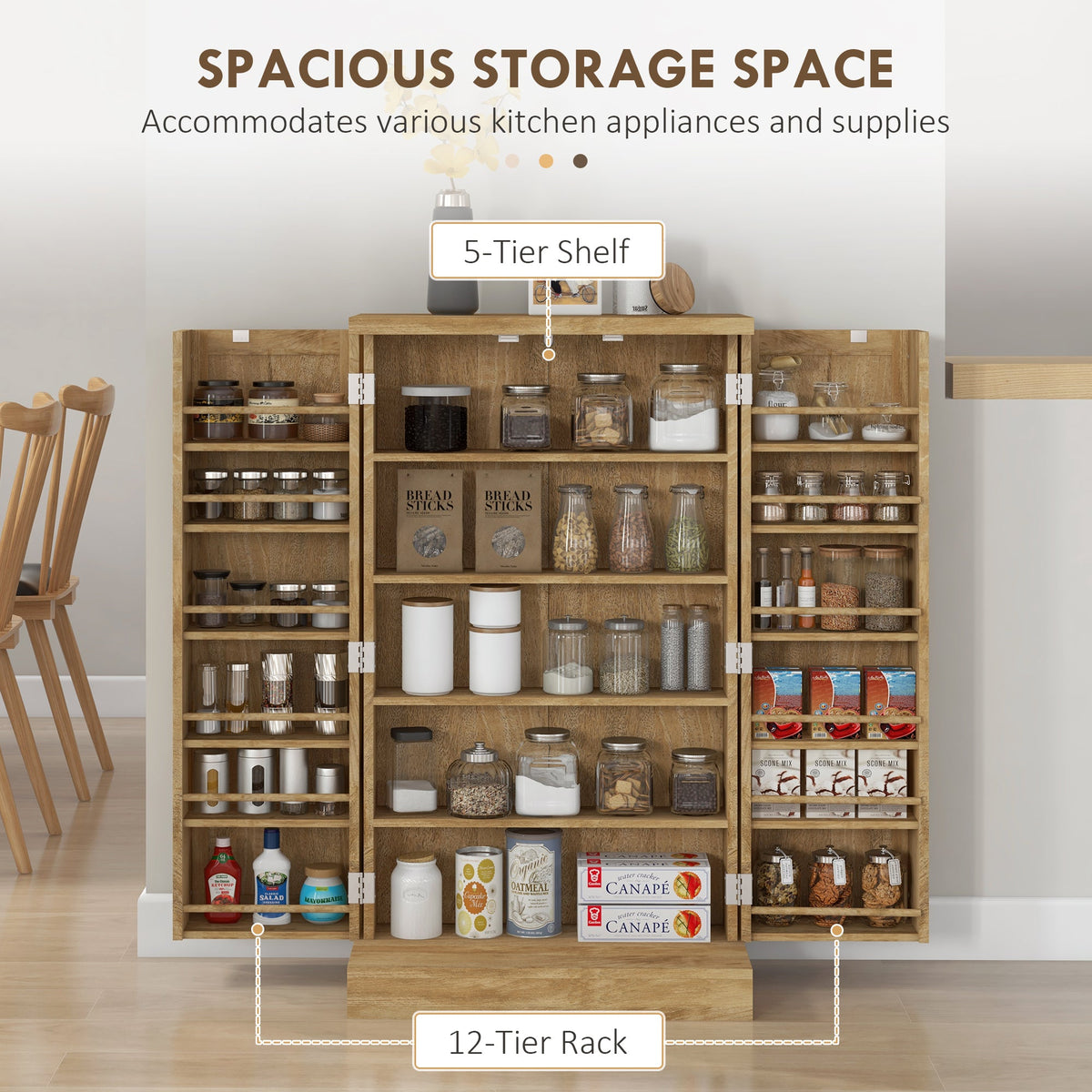 41" Rattan Kitchen Storage Cabinet, Food Pantry Cabinet with 5-Tier Shelf 12 Spice Racks Adjustable Shelves Natural