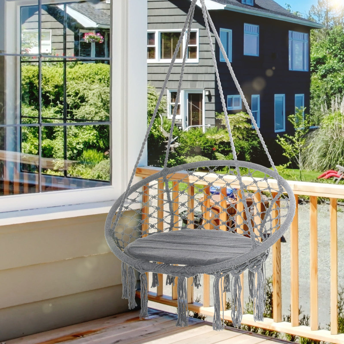 Patio Hammock Chair, Hanging Rope Hammock Swing for Indoor & Outdoor Use with Backrest, Cotton-Polyester Blend, Fringe Tassels, Cream White