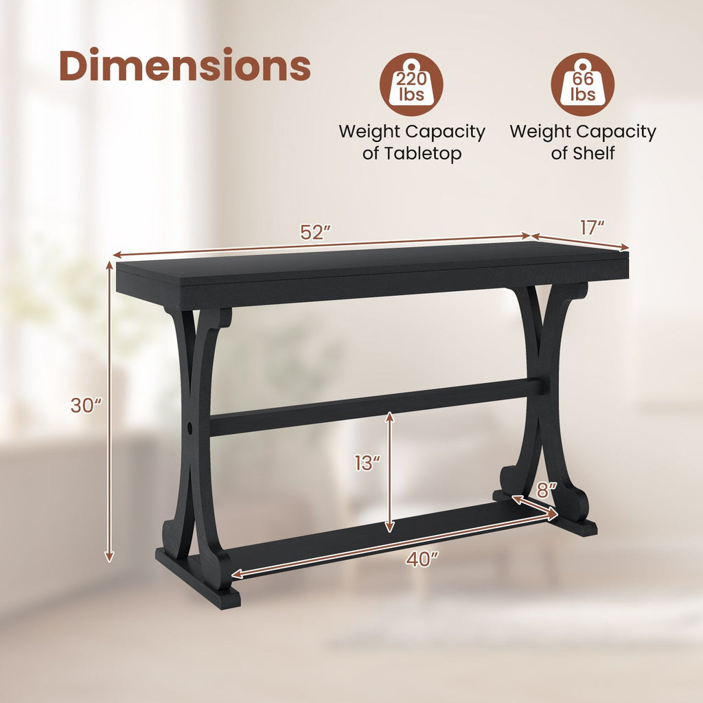Narrow Console Table Vintage 52 Inch Long with Open Storage Shelf-Black