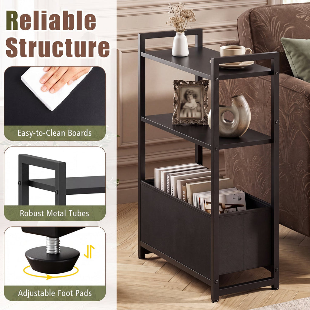 Narrow End Table with Storage Shelves and Metal Frame-Black