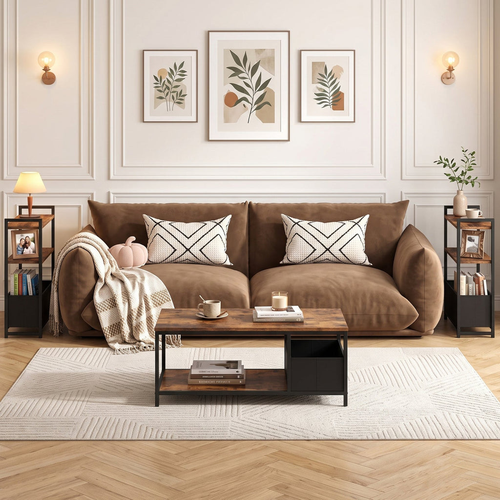 Narrow End Table with Storage Shelves and Metal Frame-Rustic Brown