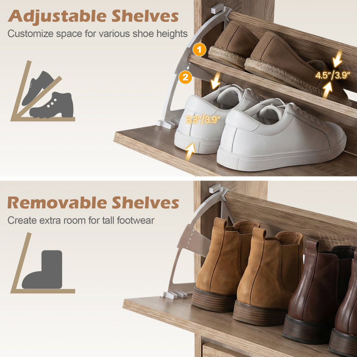 Narrow Shoe Storage Cabinet with 2 Flip Drawers and Adjustable Shelves-Natural