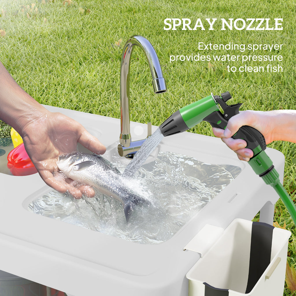Folding Fish Cleaning Table with Sinks, Camping Sink with Faucet Drainage Hose Sprayer Shelf, Grey