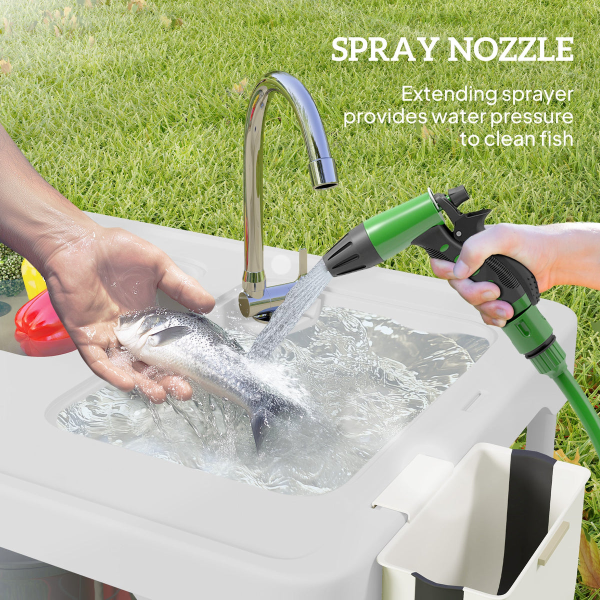 Folding Fish Cleaning Table with Sinks, Camping Sink with Faucet Drainage Hose Sprayer Shelf, Grey