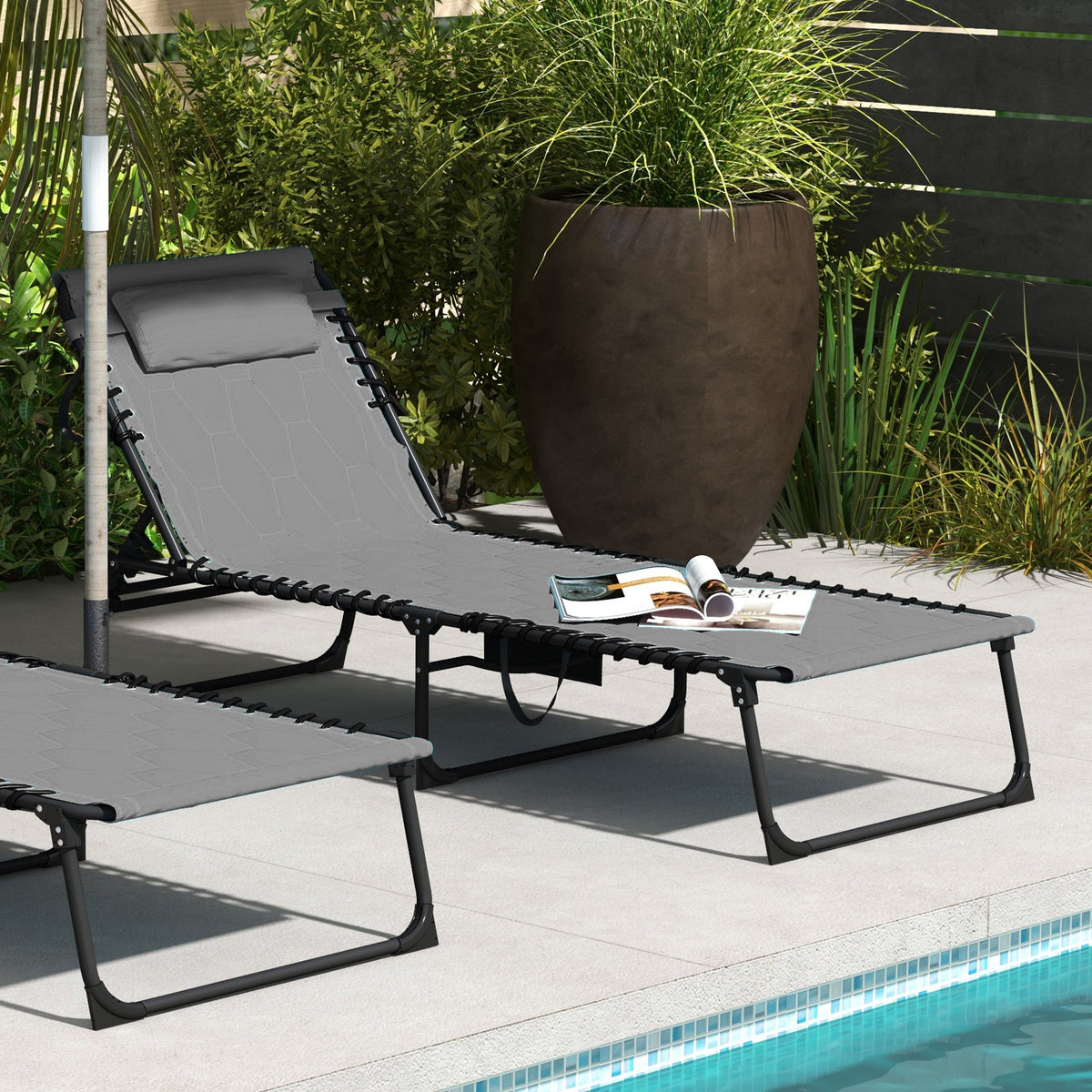 Folding Chaise Lounge with Reclining Back, 25.6" x 74" x 14.2", Grey