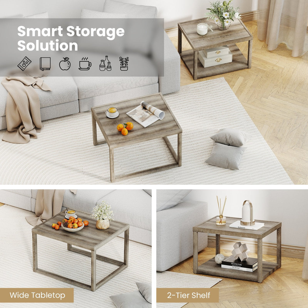 Nesting Coffee Table Set of 2 Stackable Rectangular End Tables-Gray