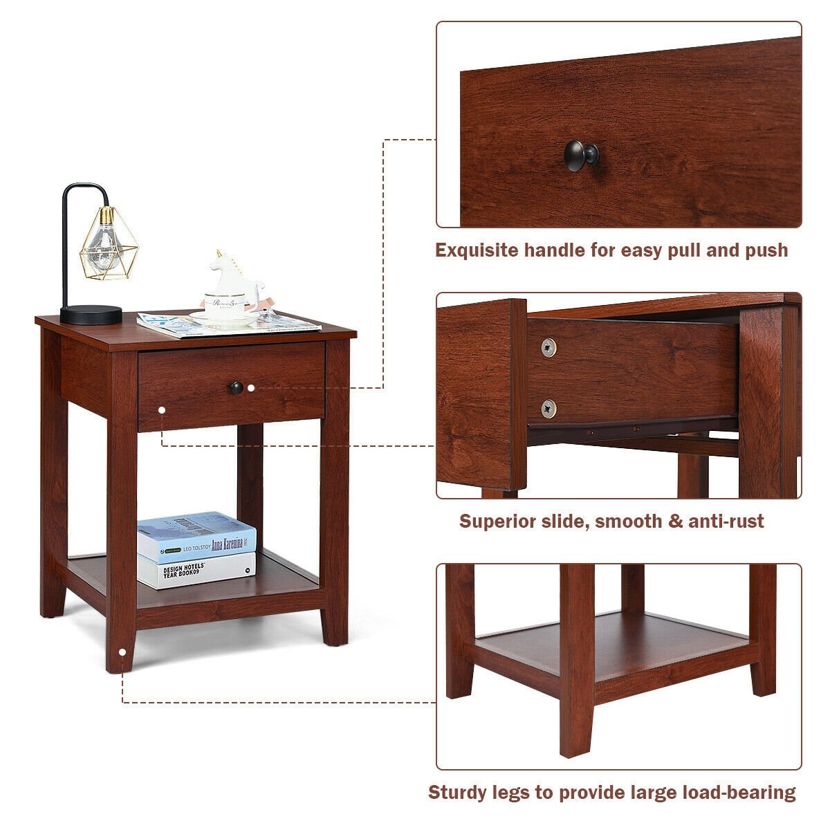 Night Stand End Side Table with Drawer and Storage Shelf