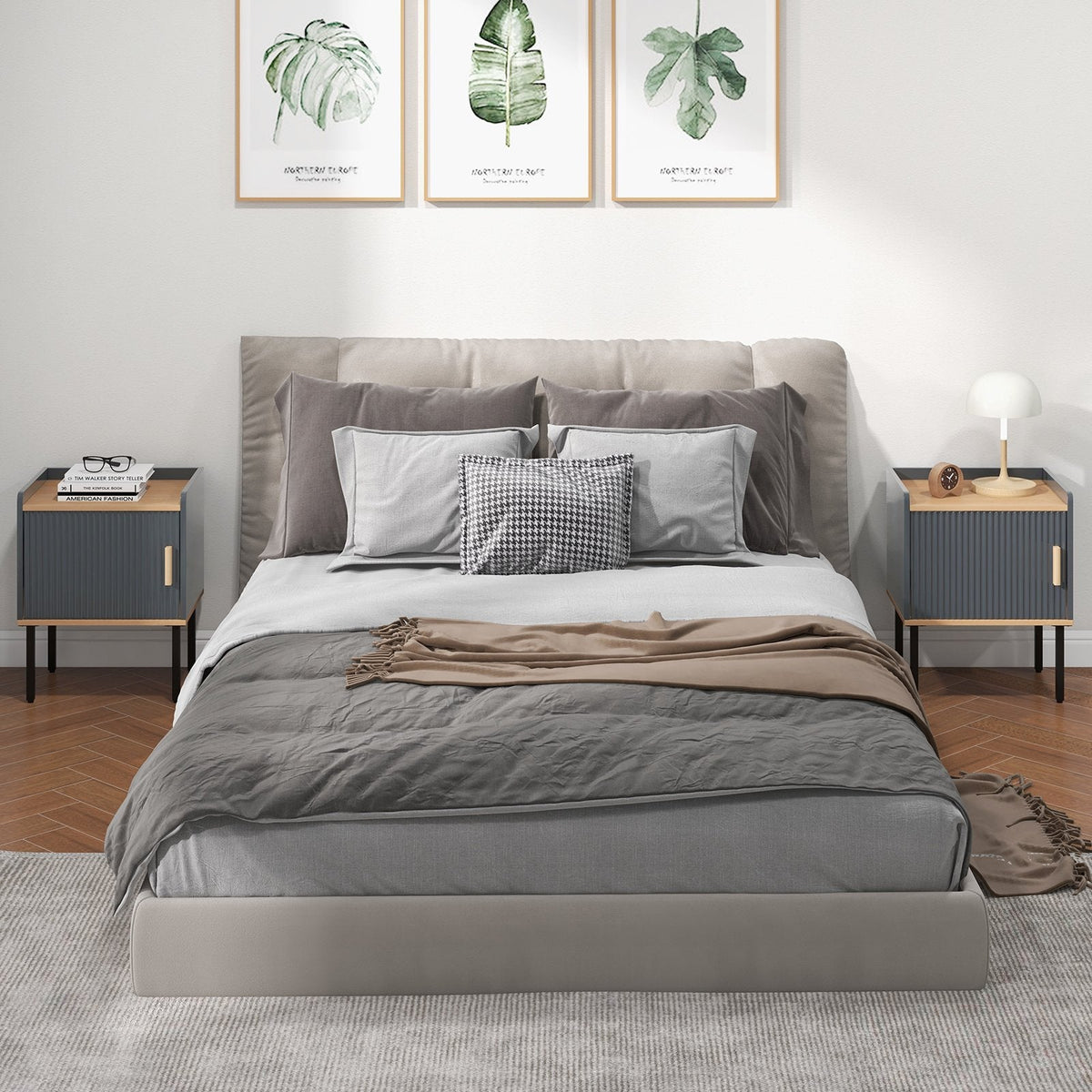 Nightstand and Bedside End Table with Door Cabinet, Grey