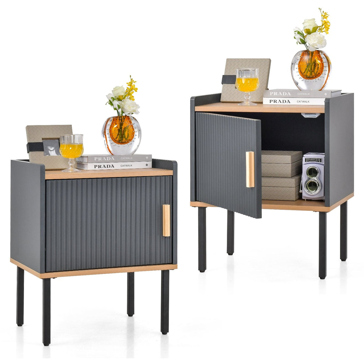 Nightstand and Bedside End Table with Door Cabinet, Grey