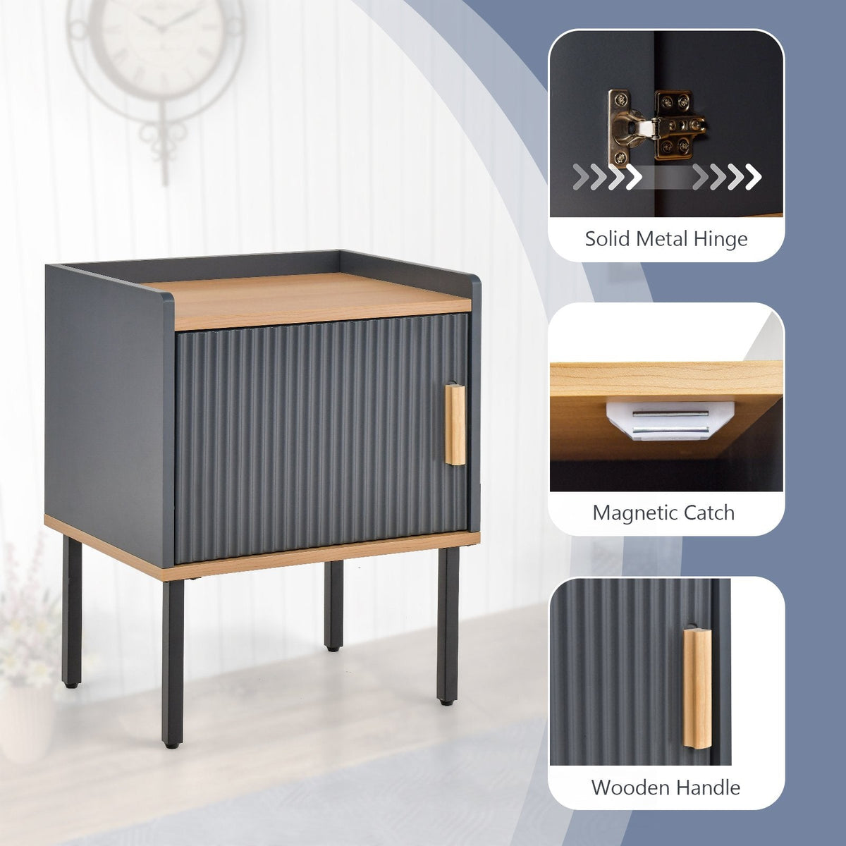 Nightstand and Bedside End Table with Door Cabinet, Grey