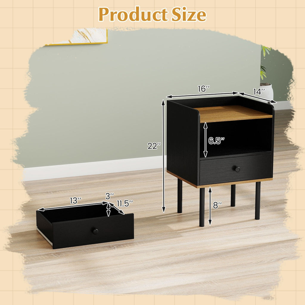 Nightstand and Bedside End Table with Drawer and Open Shelf