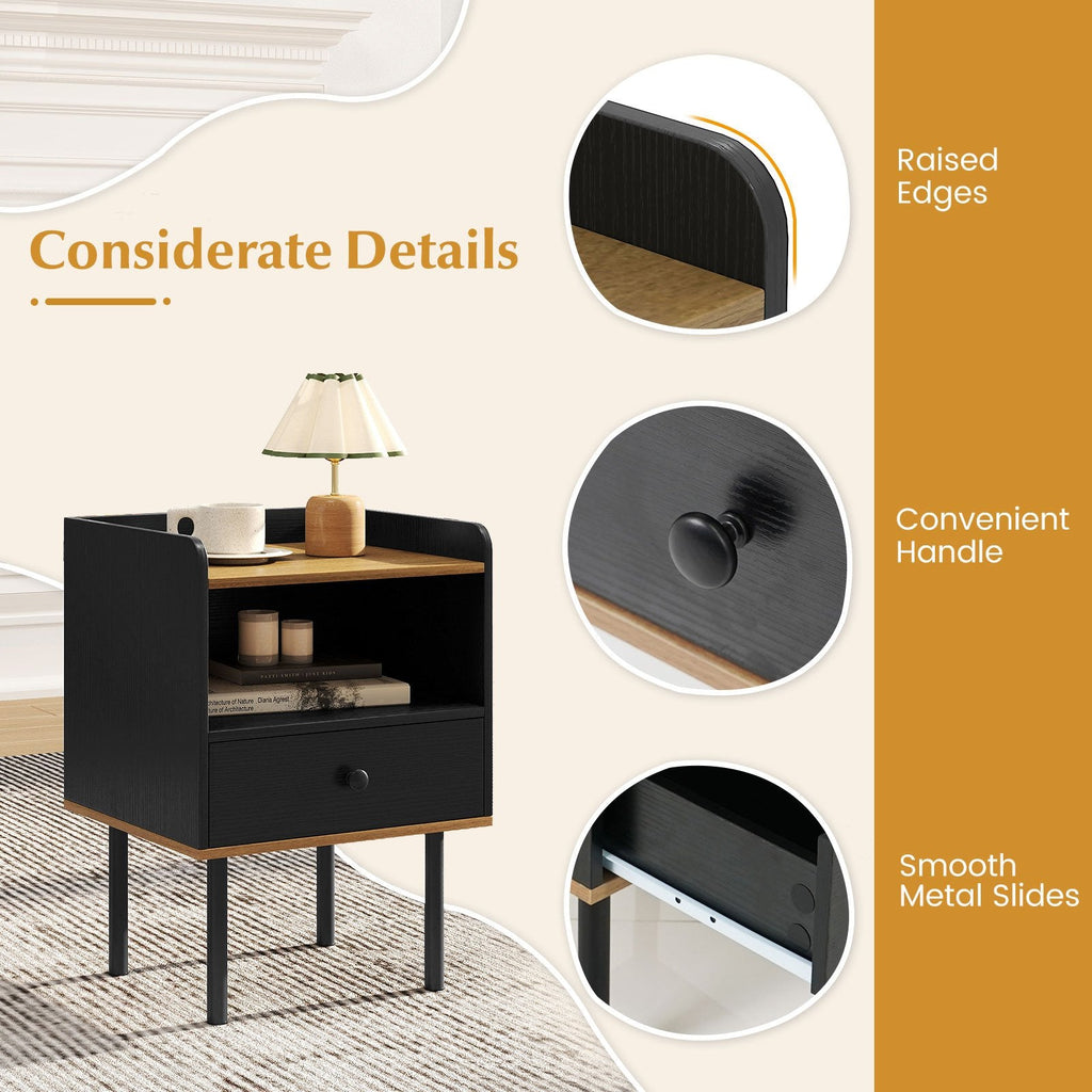 Nightstand and Bedside End Table with Drawer and Open Shelf