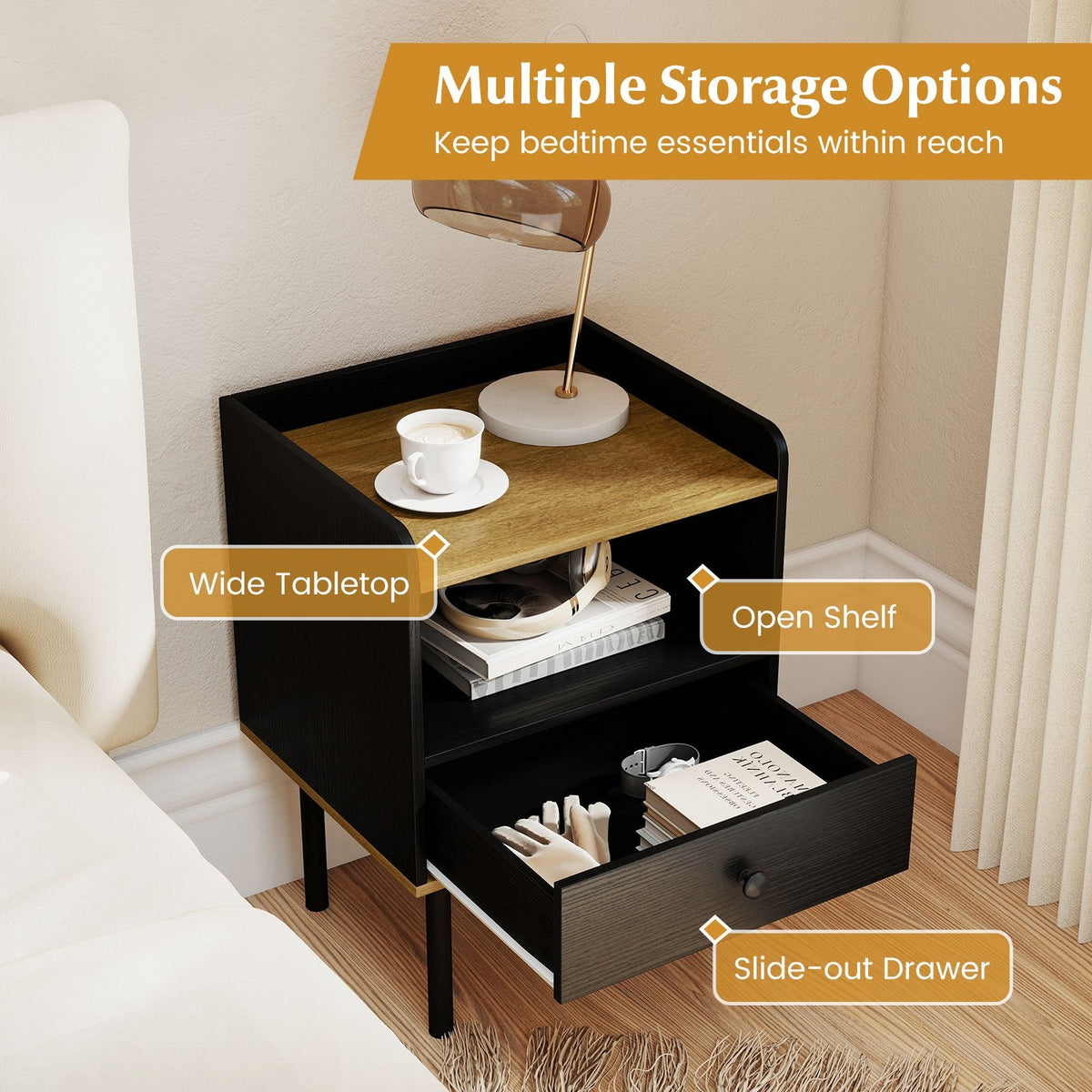 Nightstand and Bedside End Table with Drawer and Open Shelf