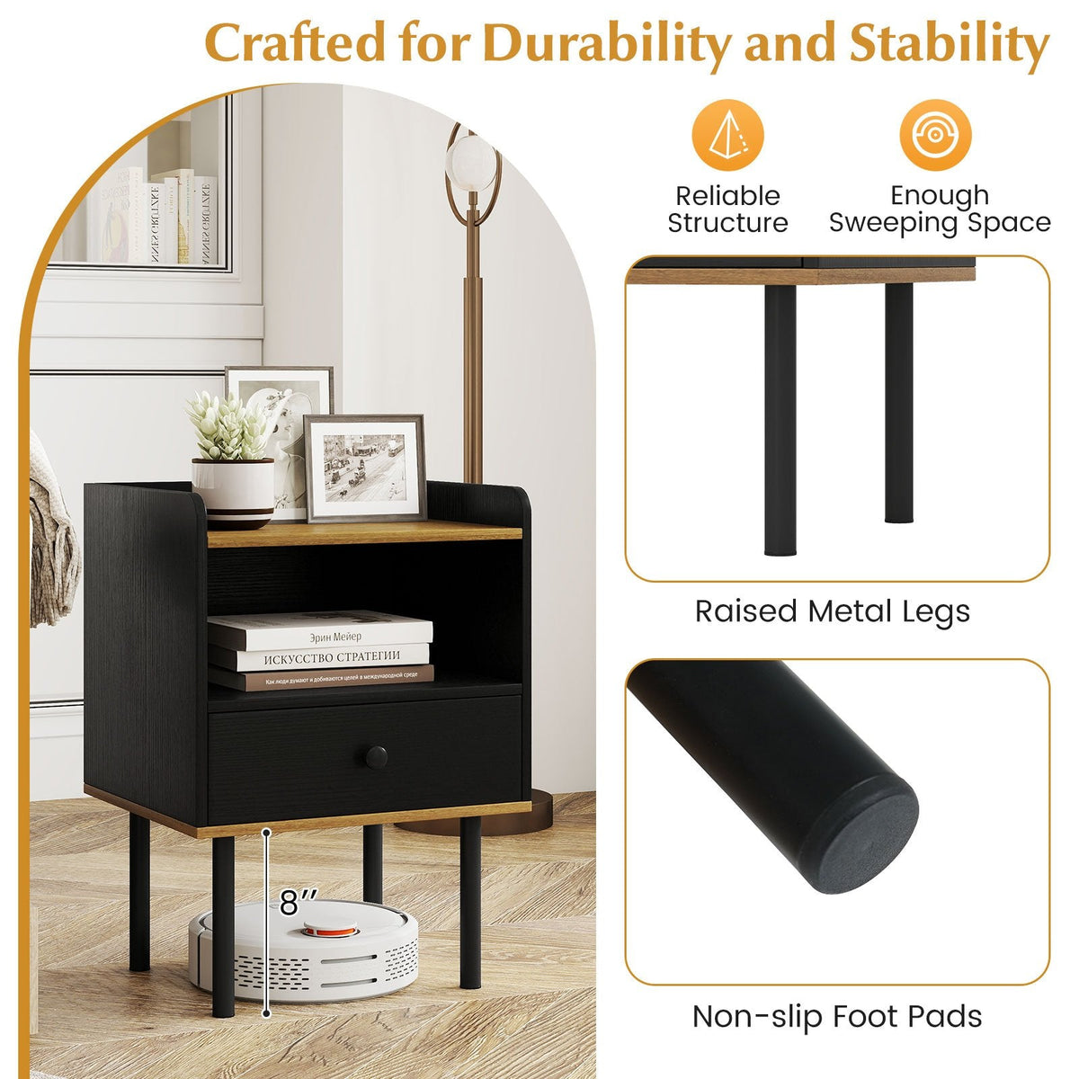 Nightstand and Bedside End Table with Drawer and Open Shelf