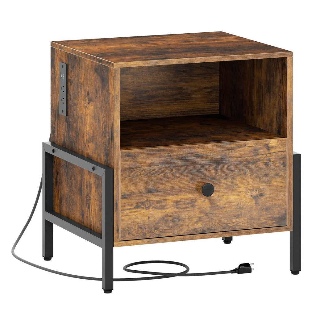 Nightstand with Charging Station and Drawer Sofa Side Table-Rustic Brown