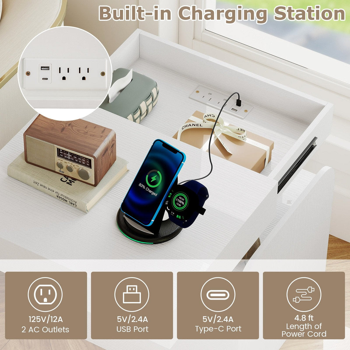 Nightstand with Charging Station Modern Bedside Table for Living Room Bedroom Office-White