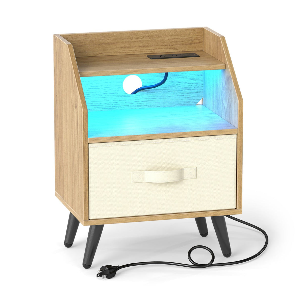 Nightstand with Power Outlets and Open Storage Shelf-Natrual