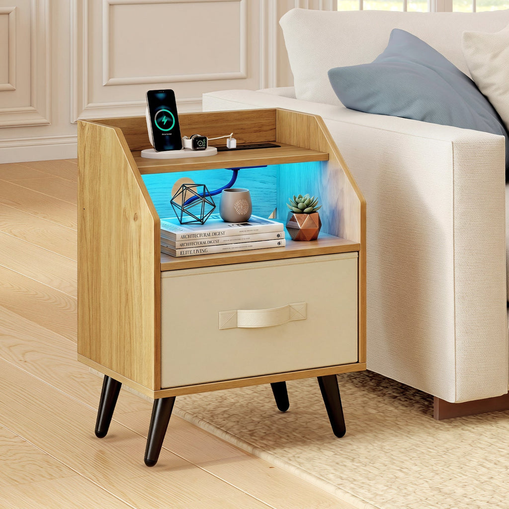 Nightstand with Power Outlets and Open Storage Shelf-Natrual