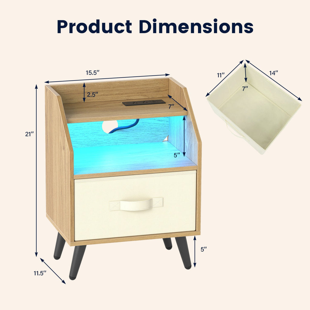 Nightstand with Power Outlets and Open Storage Shelf-Natrual