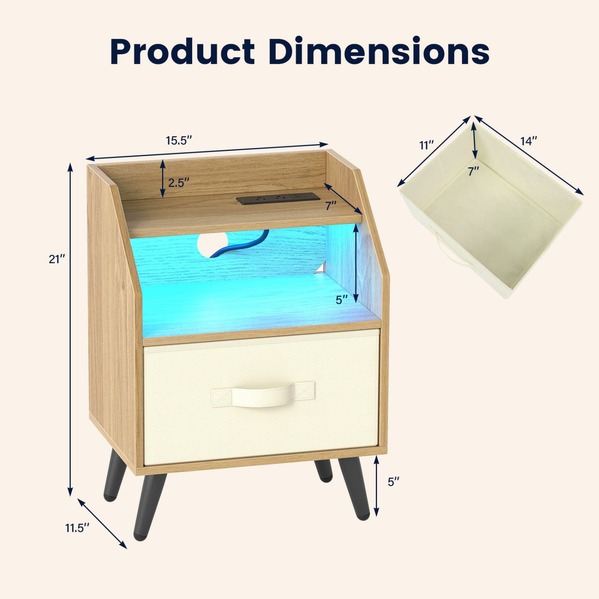 Nightstand with Power Outlets and Open Storage Shelf-Natrual