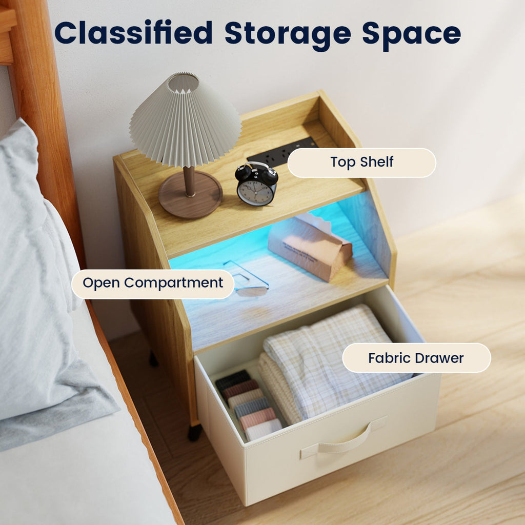 Nightstand with Power Outlets and Open Storage Shelf-Natrual