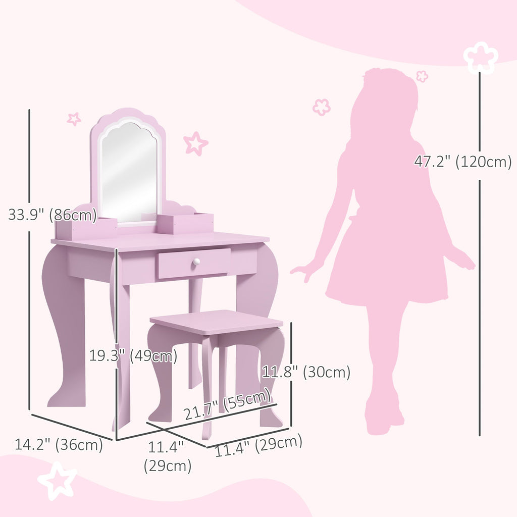 Makeup Vanity with Mirror and Stool, Cloud Design, Drawer, Storage Boxes, for 3-6 Years Old, Pink
